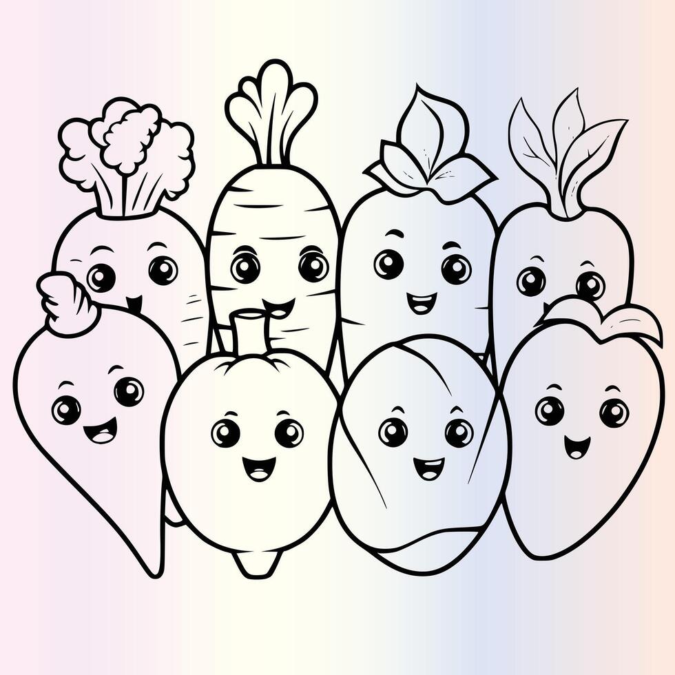 A coloring page with vegetables and fruits vector