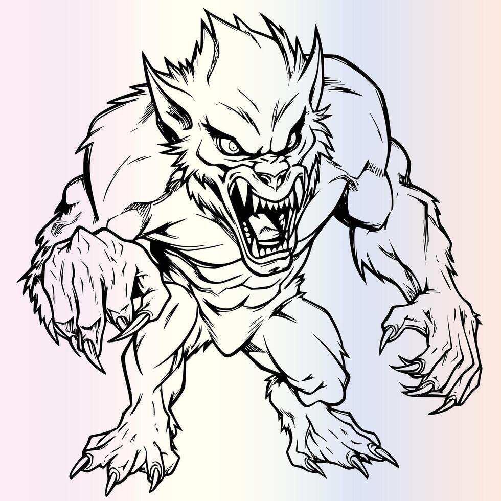A werewolf coloring page with a werewolf in the background vector