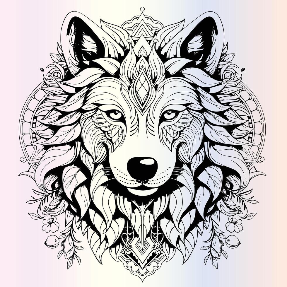 A wolf head with ornate patterns on a colorful background vector