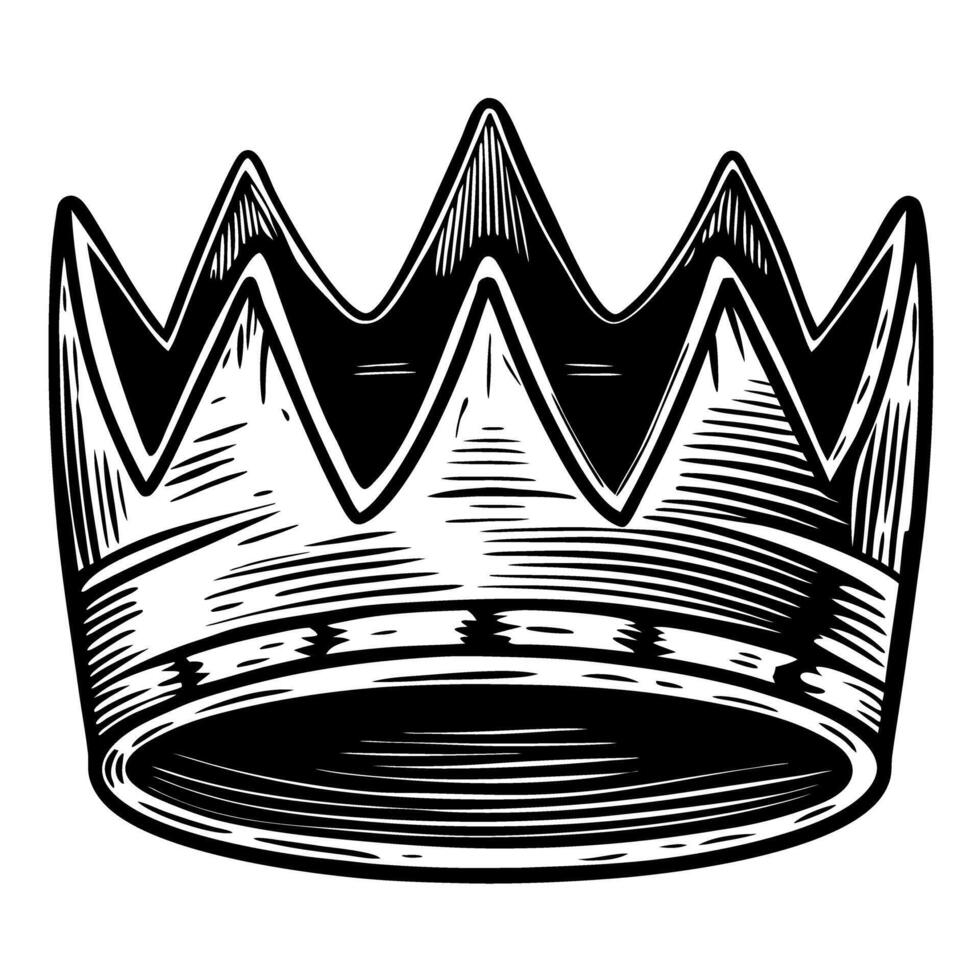 Crown illustration black and white design, vintage style, royalty symbol, sharp points, regal vector