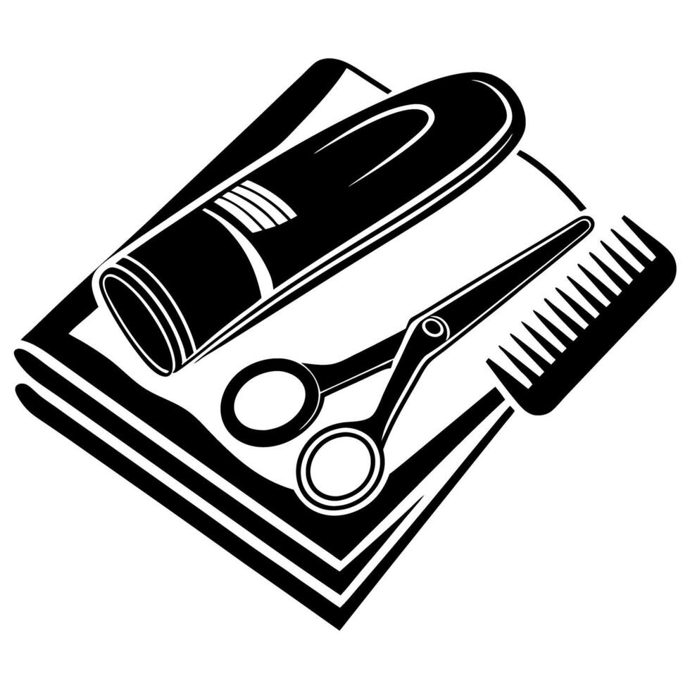 barbershop tools scissors, comb, razor on folded towels hairdressing, grooming essentials in black and white design vector