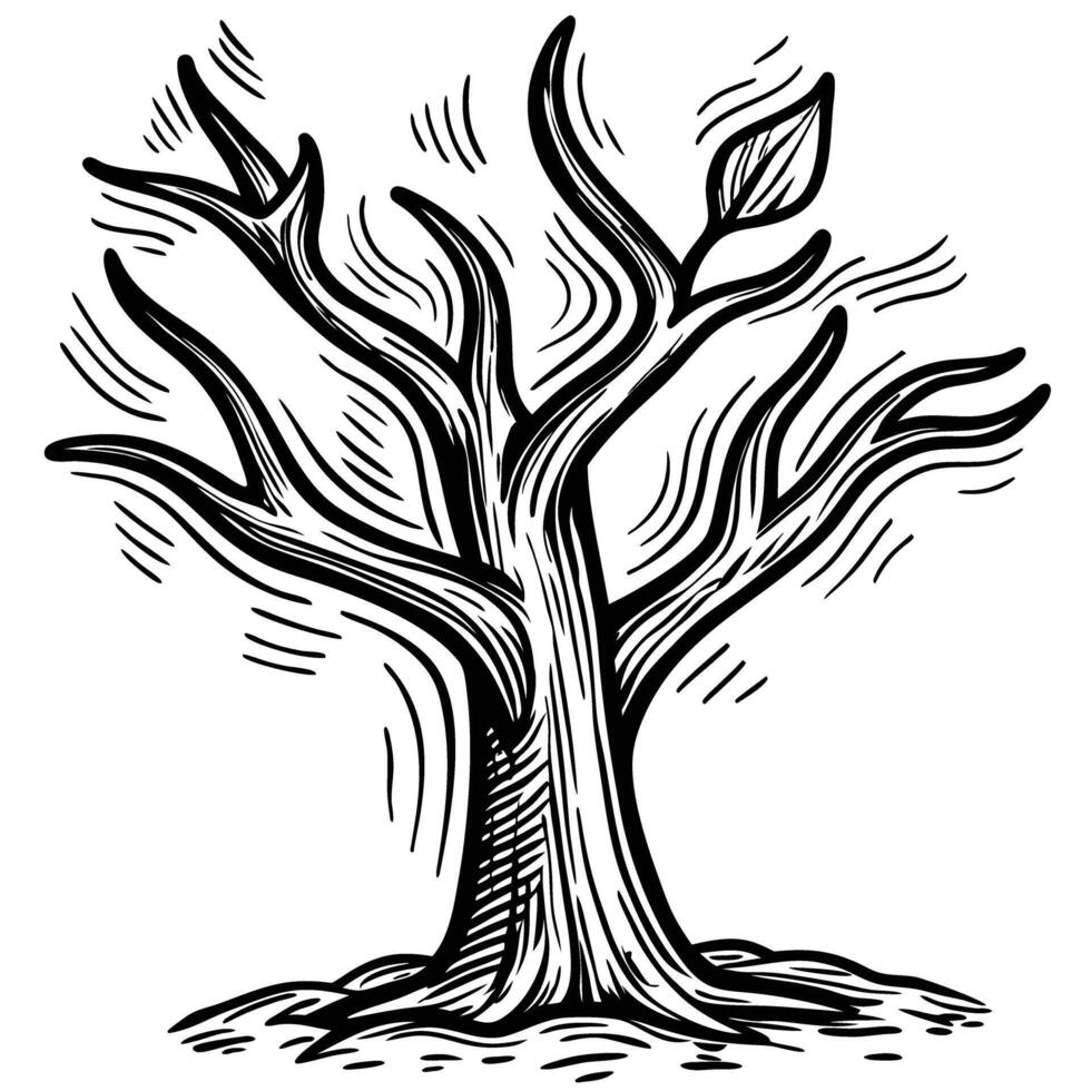 black and white tree illustration with branches and leaf, nature design element, artistic sketch, line art vector
