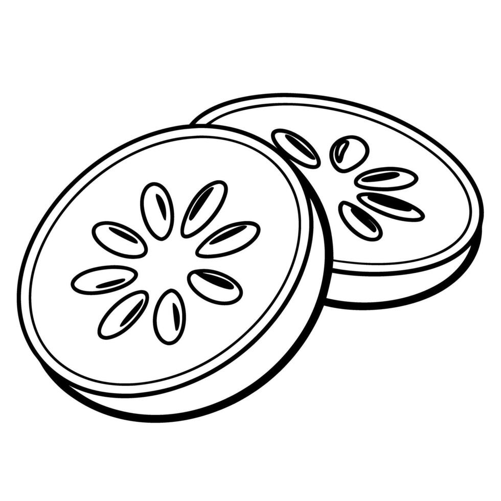 Outline drawing of two cucumber slices, seed patterns in circular shape vector