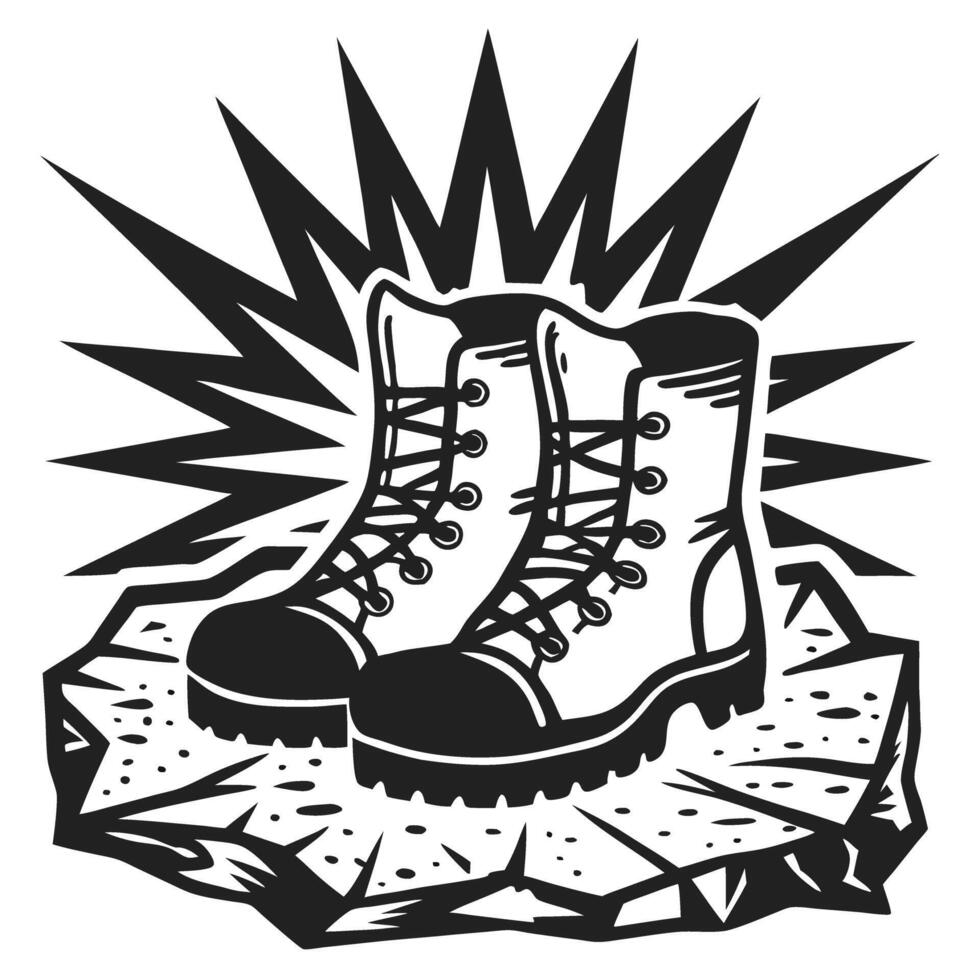 Rugged hiking boots on rocky terrain with dynamic background vintage adventure illustration vector