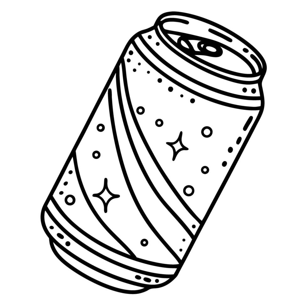 illustrated soda can beverage icon line art, sparkling drink design simple black and white outline vector