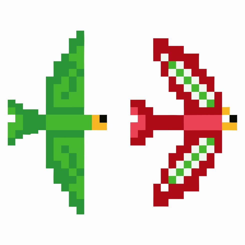 Pixel art birds, green and red, retro game graphics vector