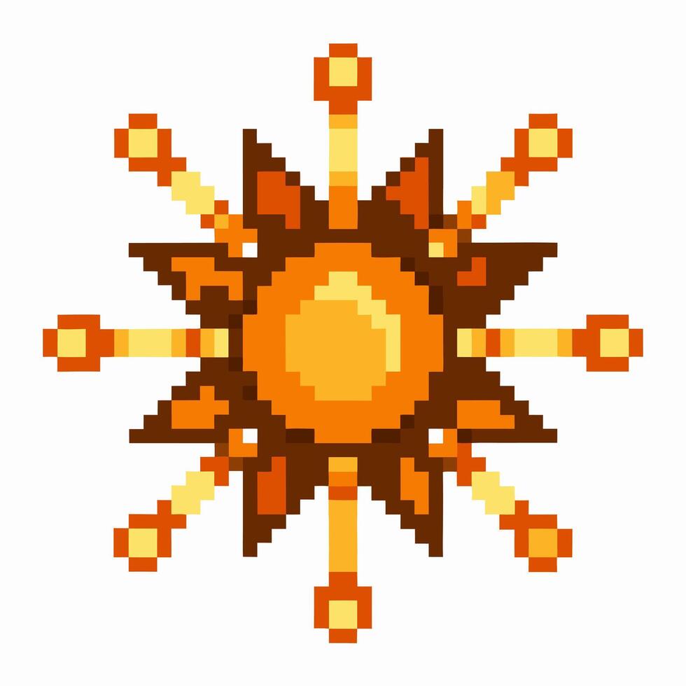 colorful pixel art sun with geometric rays warm, retro gaming aesthetic, orange and brown hues vector