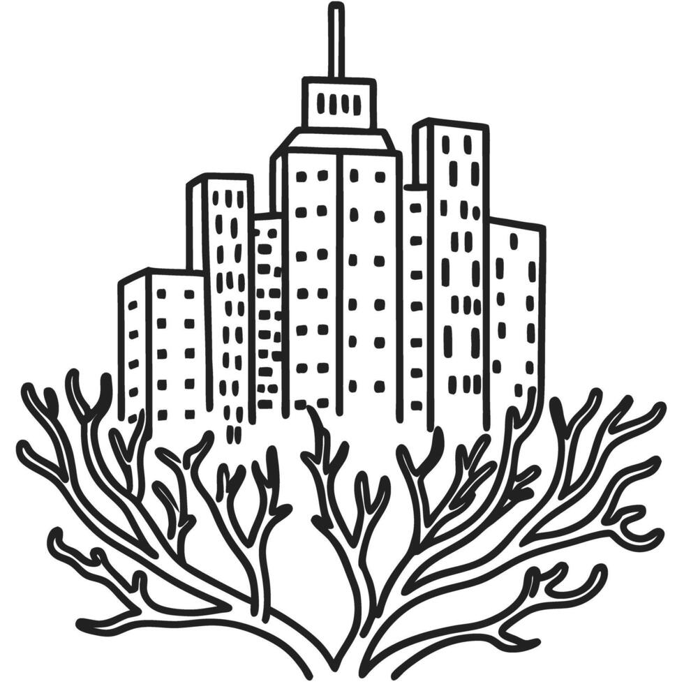 Modern city skyline growing from tree roots, urban nature, interconnected ecosystems concept vector