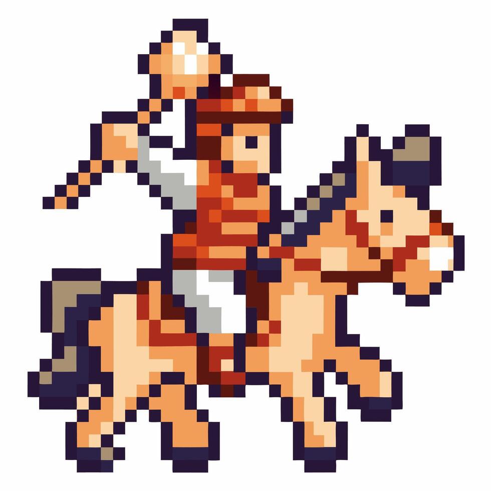 pixel art medieval knight on horseback wielding mace retro game illustration with detailed pixels vector