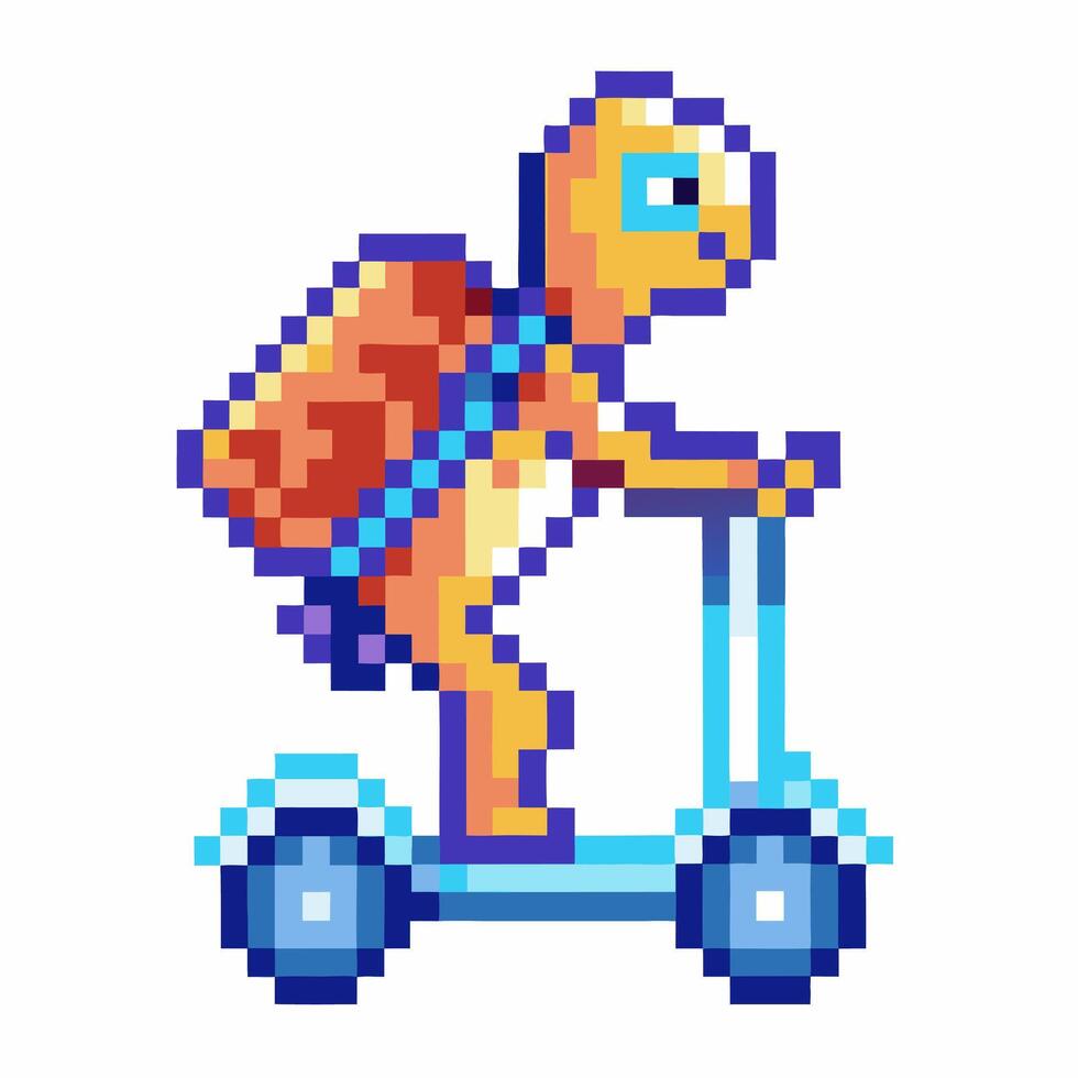 pixel art turtle on scooter with backpack retro gaming style, amateur graphics, playful ride vector
