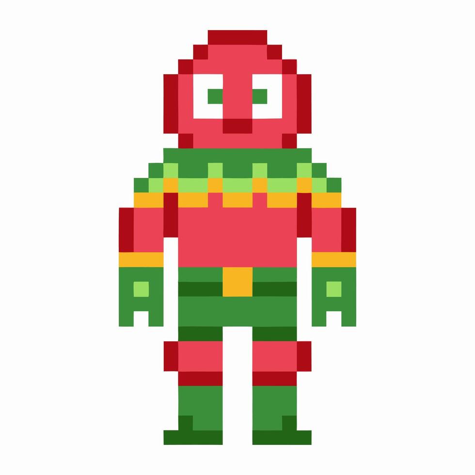 Pixel art superhero in red and green costume, retro game character design vector