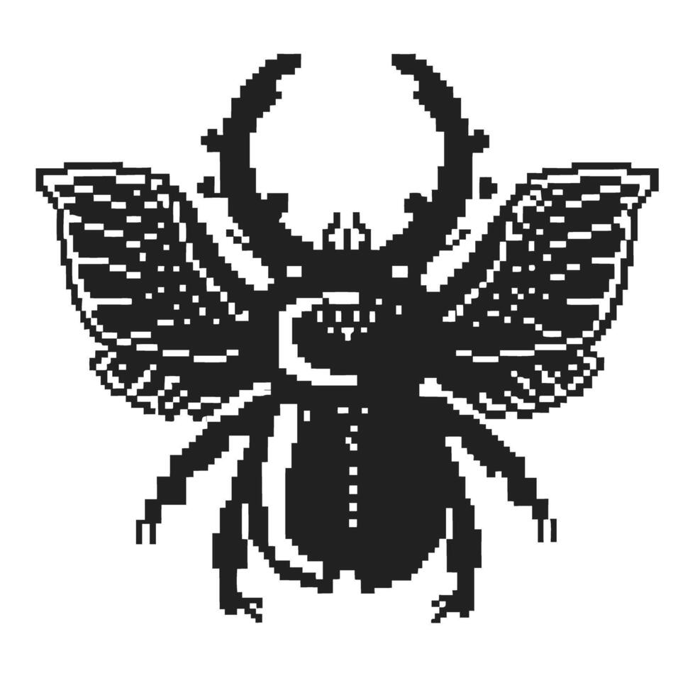 Black and white pixel art beetle with wings spread vector