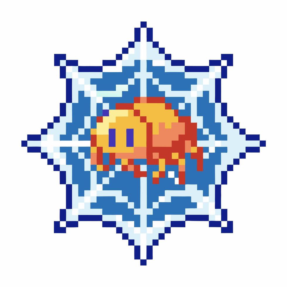 Pixel art spider inspired by retro 8 bit games with a star shaped web background vector