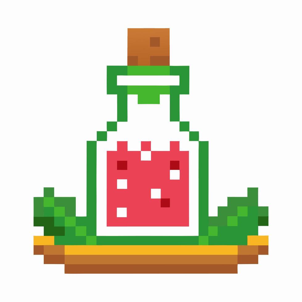 Pixel art potion bottle with red liquid and greenery elements on display vector