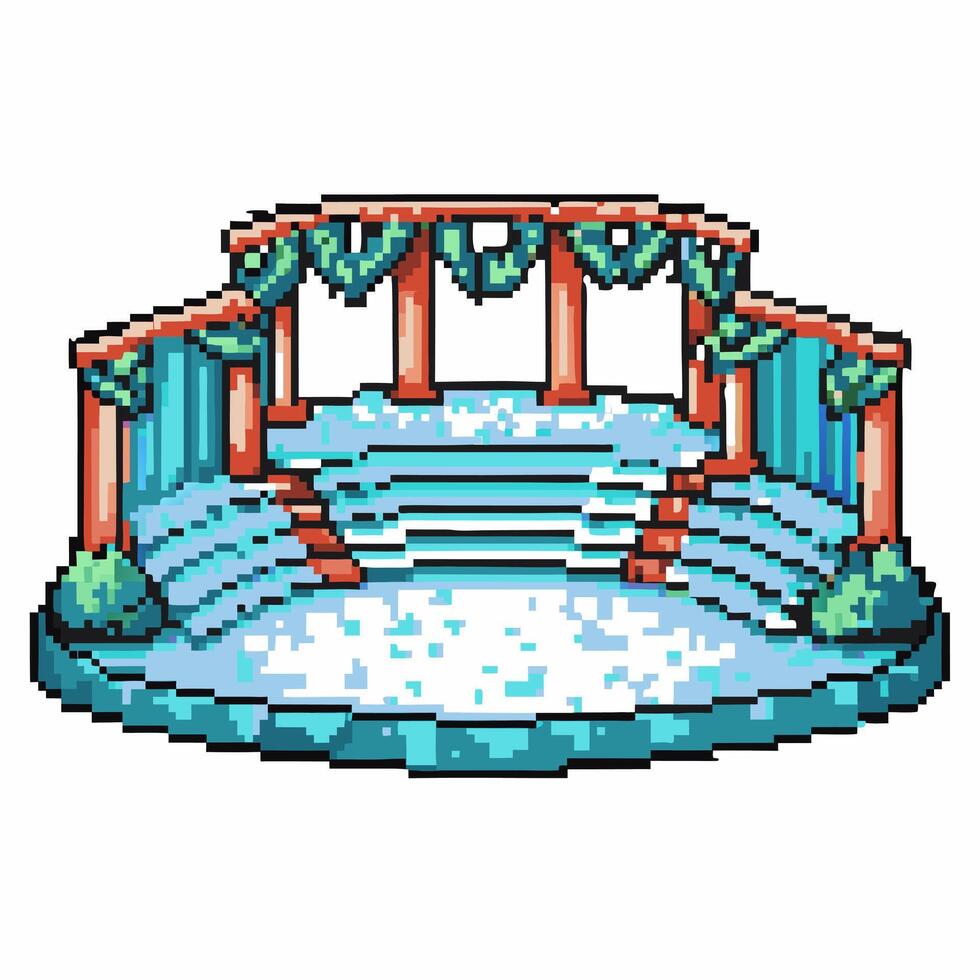 Pixel art stage arena with stairs and leafy columns in digital retro vector