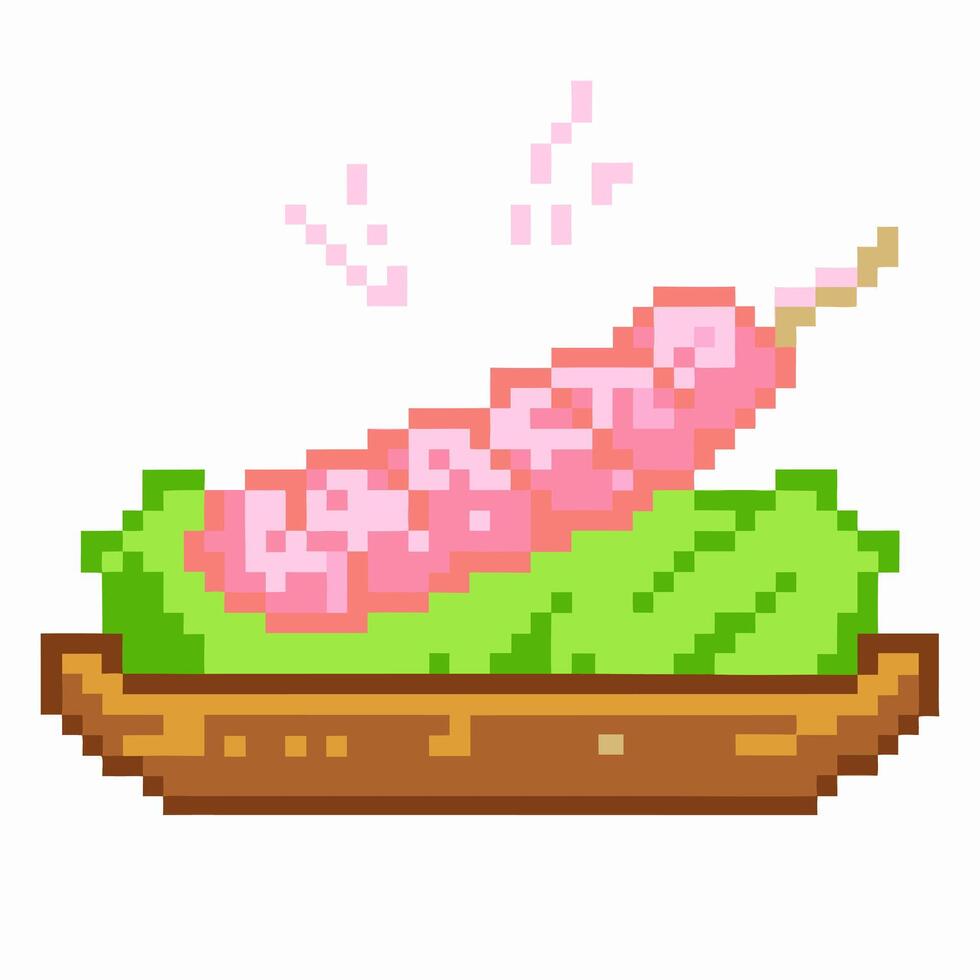 Pixel art sushi roll on lettuce leaf in wooden plate vector