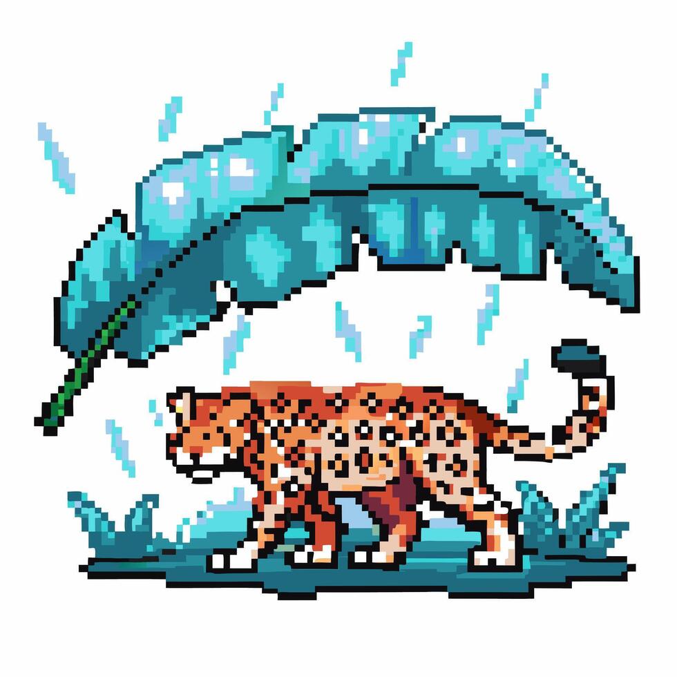 Pixel art leopard under leaf in rain, jungle atmosphere, retro gaming wildlife vector