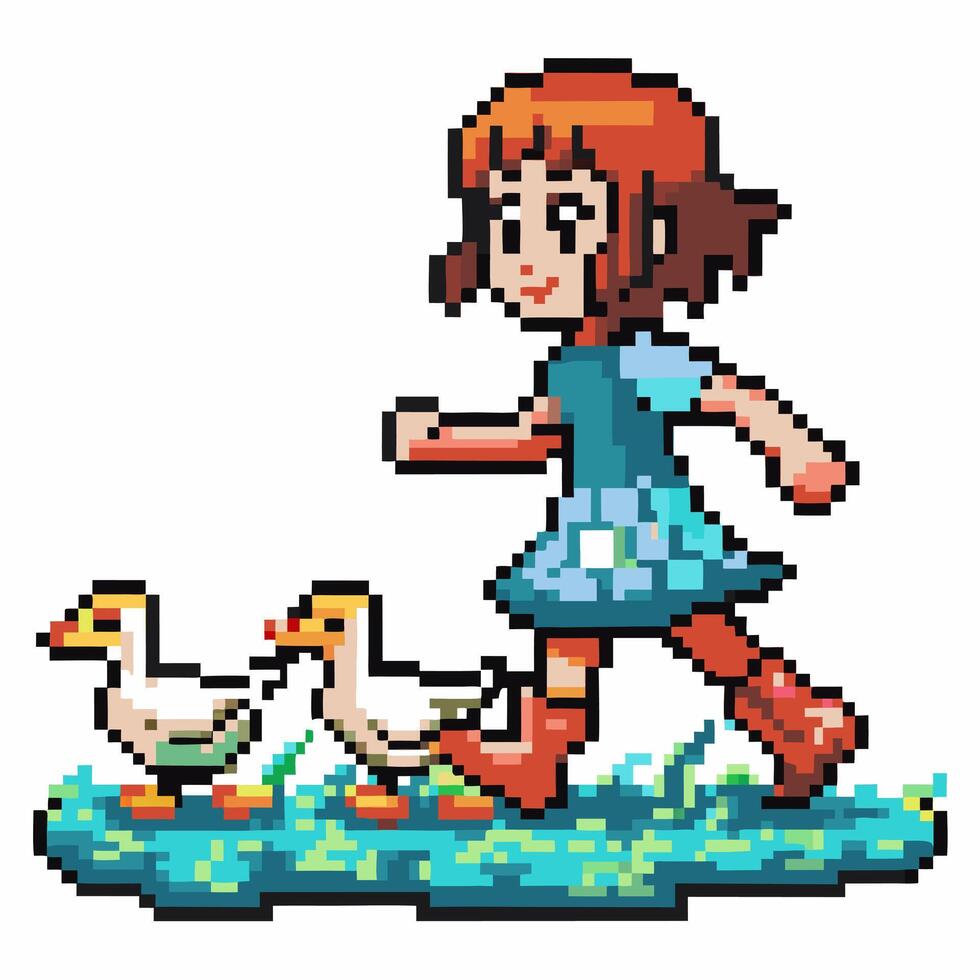 Pixel art girl running with ducks in a vibrant field retro gaming, nostalgic 8 bit style, playful scene vector