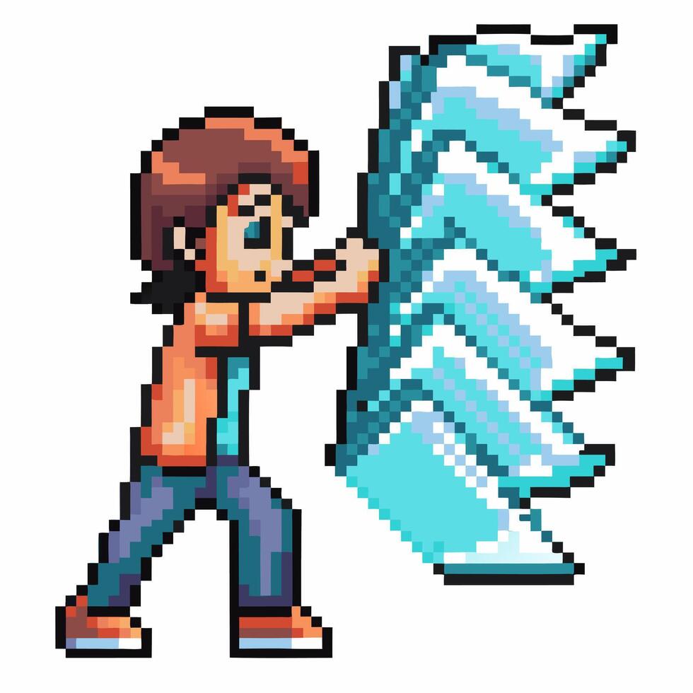 Pixel character with ice powers in action pose, retro gaming sprite art vector