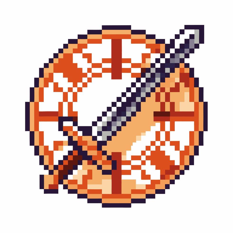 Retro pixel art clock with swords crossed, vintage gaming design vector