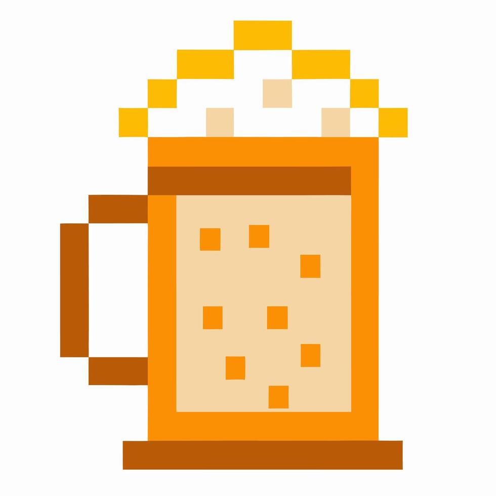 pixel art beer mug with frothy top retro 8 bit drink, orange and brown tones, digital beverage design vector