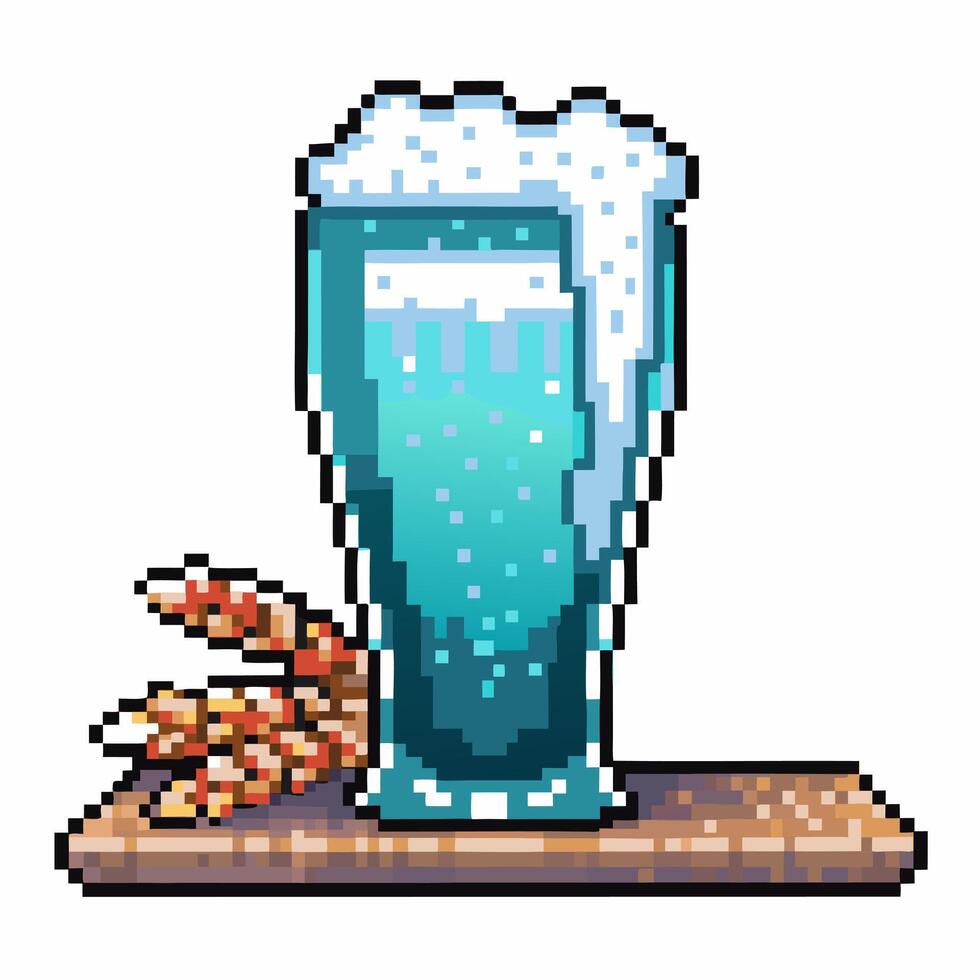 pixel art blue soda with ice in tall glass, crab claws garnish, retro gaming vector
