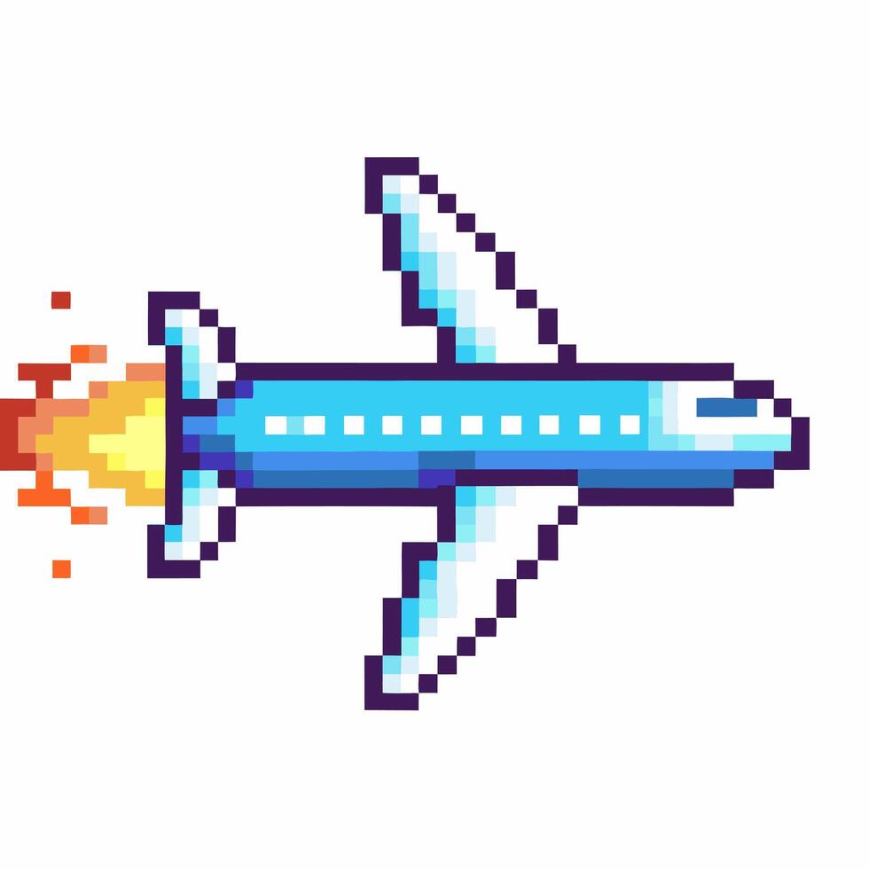 Pixel art airplane with fiery exhaust in retro game vector