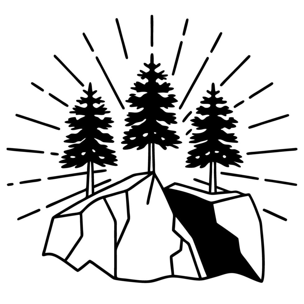 three pine trees growing on a rocky hilltop with radiating lines symbolizing nature and growth vector