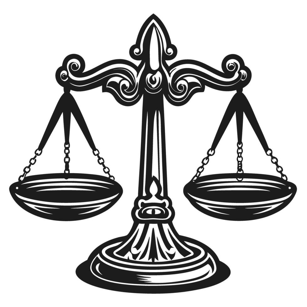 intricate justice scales illustration classic black and white balance symbol of law, fairness, and equality vector