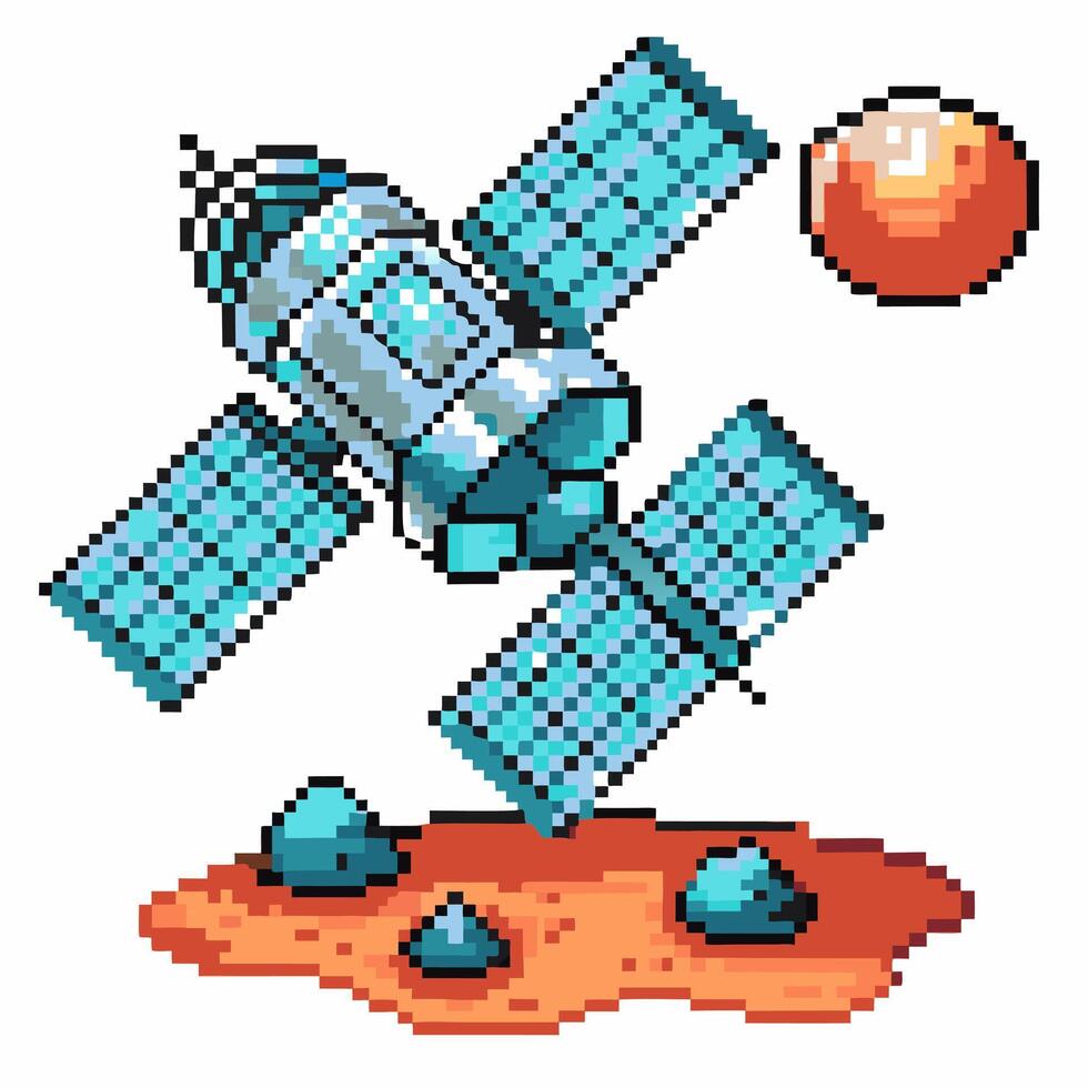 Pixel art satellite orbiting mars with solar panels and red planet surface rocks, space exploration theme vector
