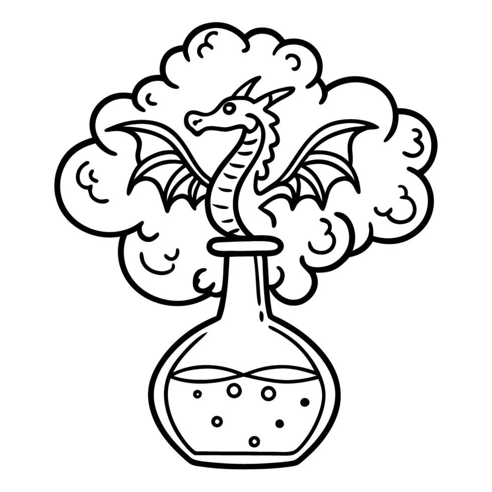 dragon emerges from bubbling potion flask with billowing smoke, fantasy alchemy illustration vector