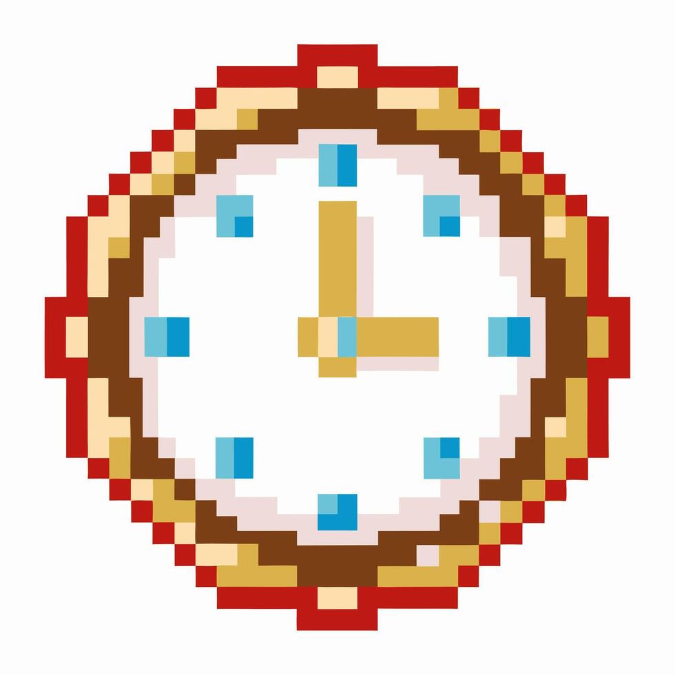 Pixelated clock icon with classic design and gold rim, showcasing retro digital art vector