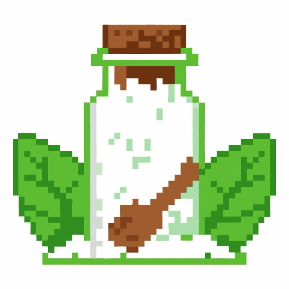 Pixel art potion bottle with cork, surrounded by green leaves in retro gaming vector
