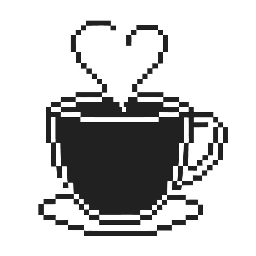 Pixelated coffee cup with heart steam design in monochrome art vector