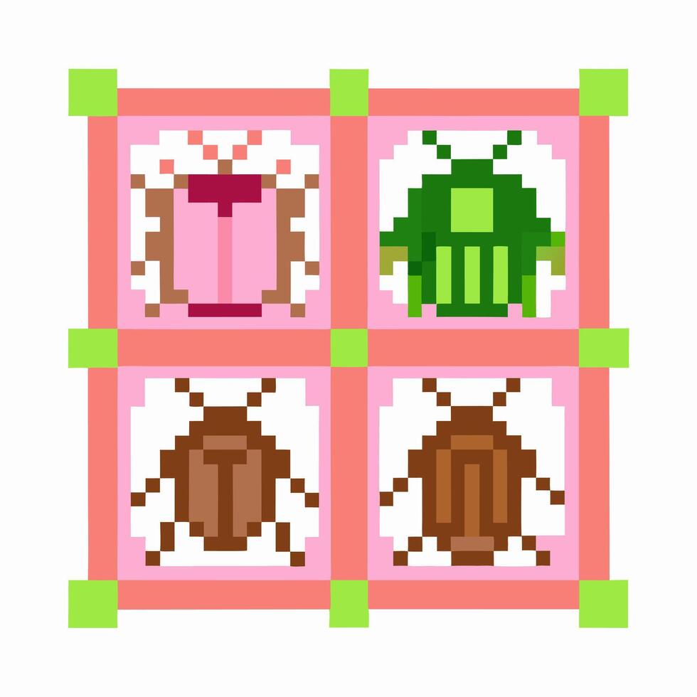 Pixel art grid of colorful insects with retro in pink squares vector