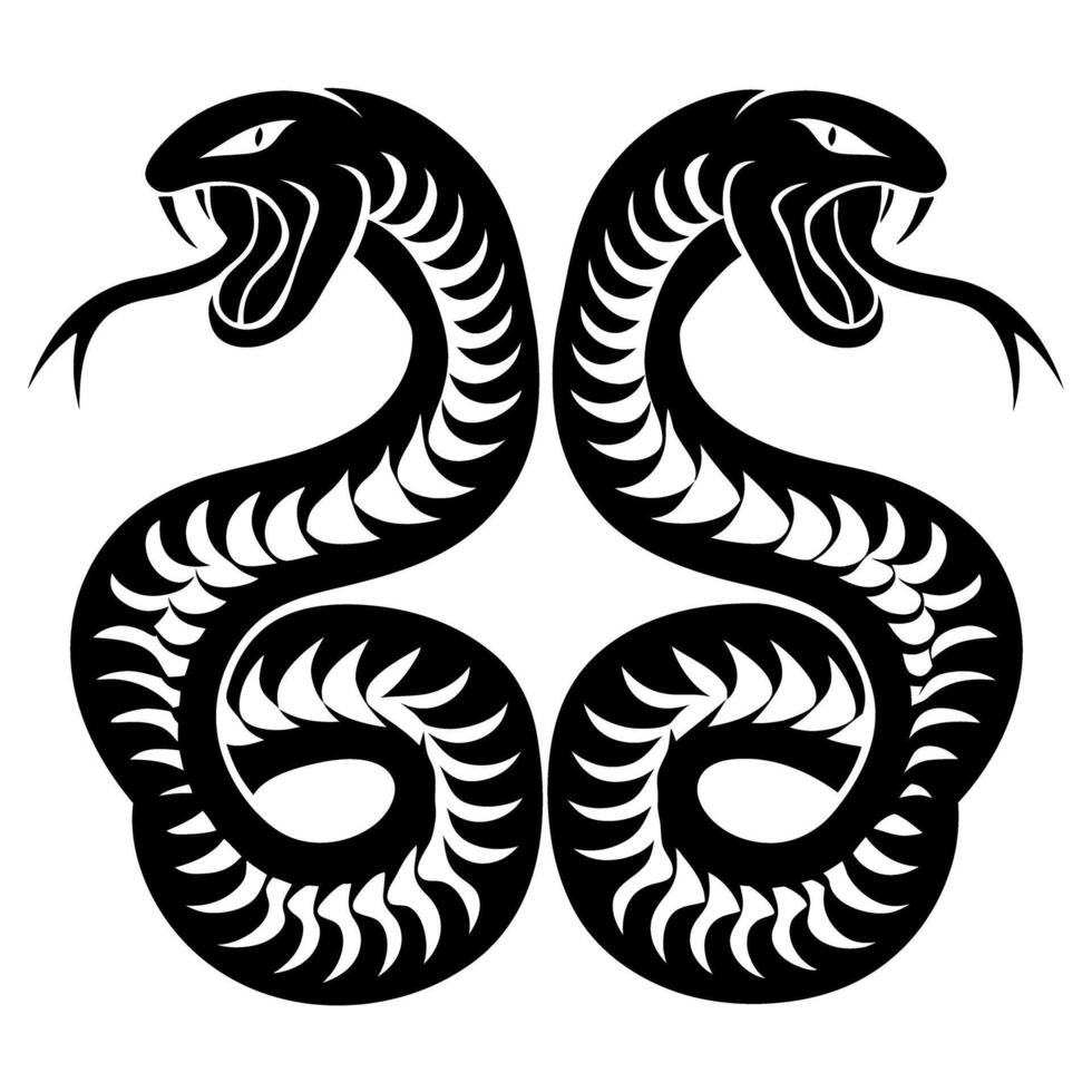 Symmetrical twin serpents motif, black intricate design, coiled snake emblem, menacing dual reptiles vector