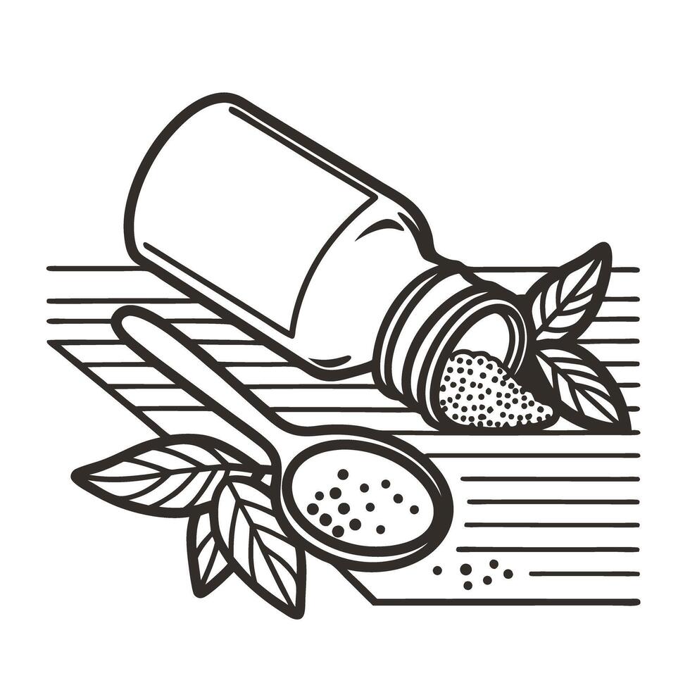 Herb leaves and spilled spice jar with spoon on striped surface vector