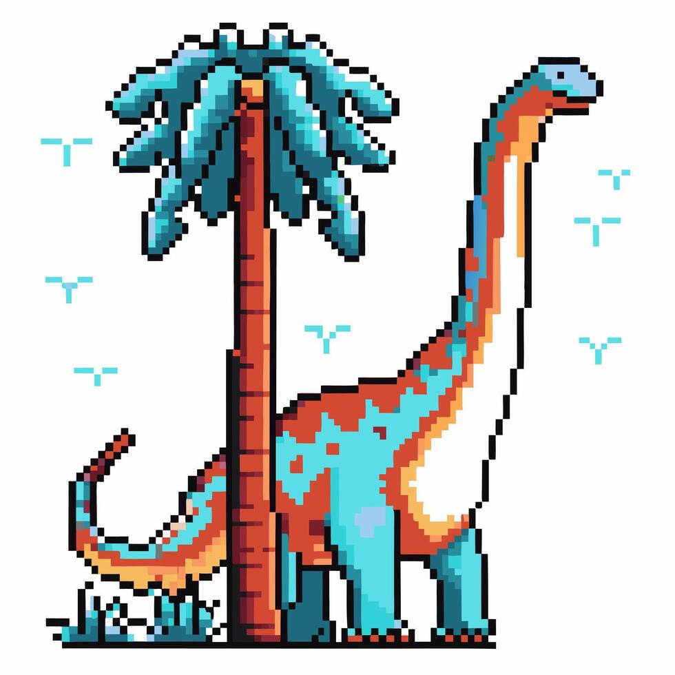 Retro pixel art dinosaur with palm tree nostalgic gaming icon in vibrant colors vector