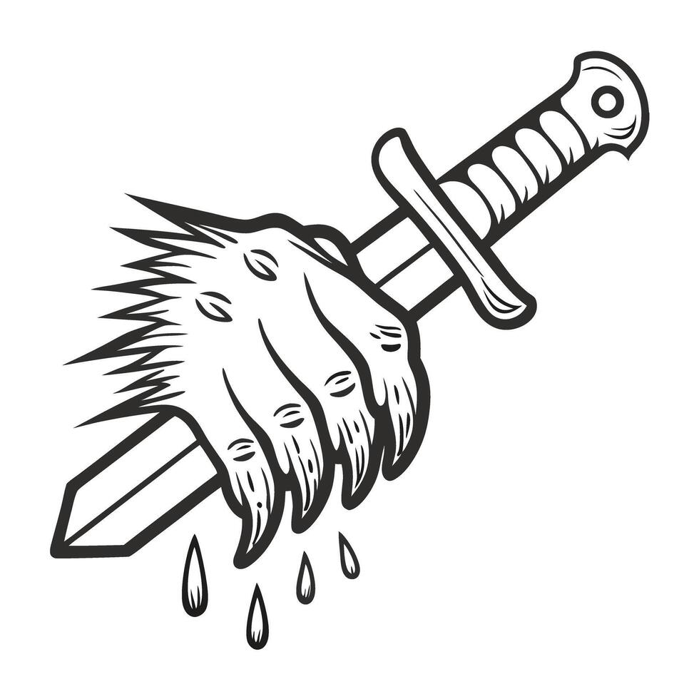 beast claw grasping sword, droplets falling monochrome emblem of power, strength, fantasy fight, medieval symbol vector