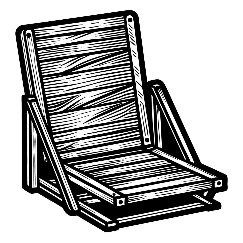 Vintage wooden deck chair illustration, classic outdoor furniture design, black and white retro vector