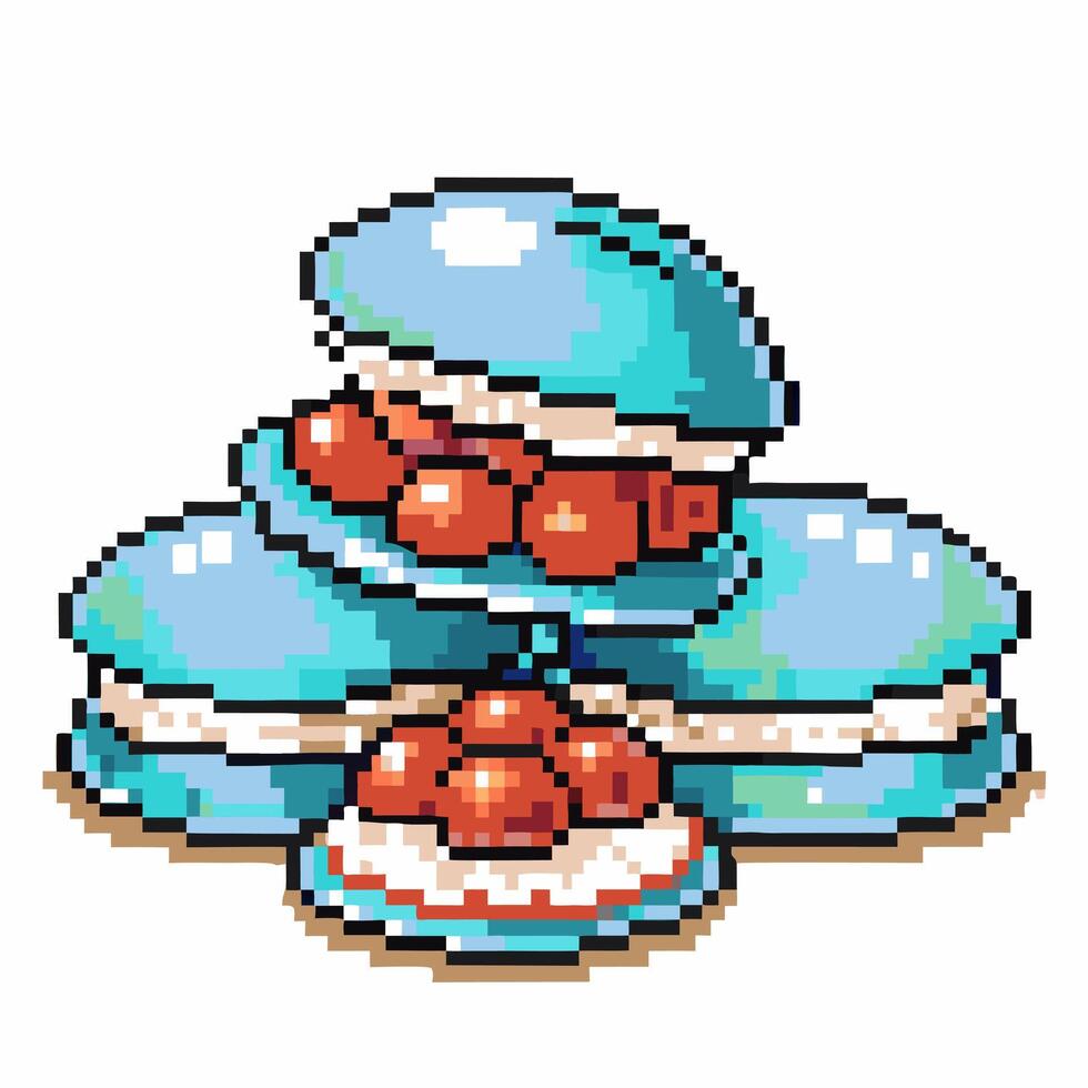 pixel art dessert with blue shells and strawberries, layered confectionery design vector