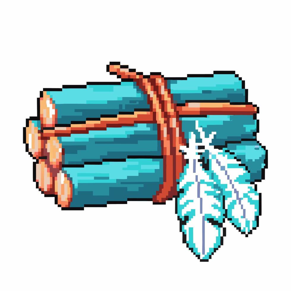 Pixel art wood logs tied with rope and decorated with feathers, retro digital illustration vector