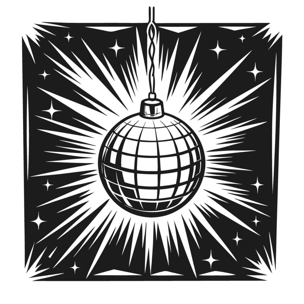retro disco ball graphic with starburst design vintage dance party symbol, black and white illustration, classic nightlife icon vector