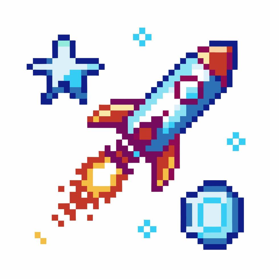 pixel art rocket, space exploration retro gaming spaceship, stars, galaxy adventure, cosmic journey vector