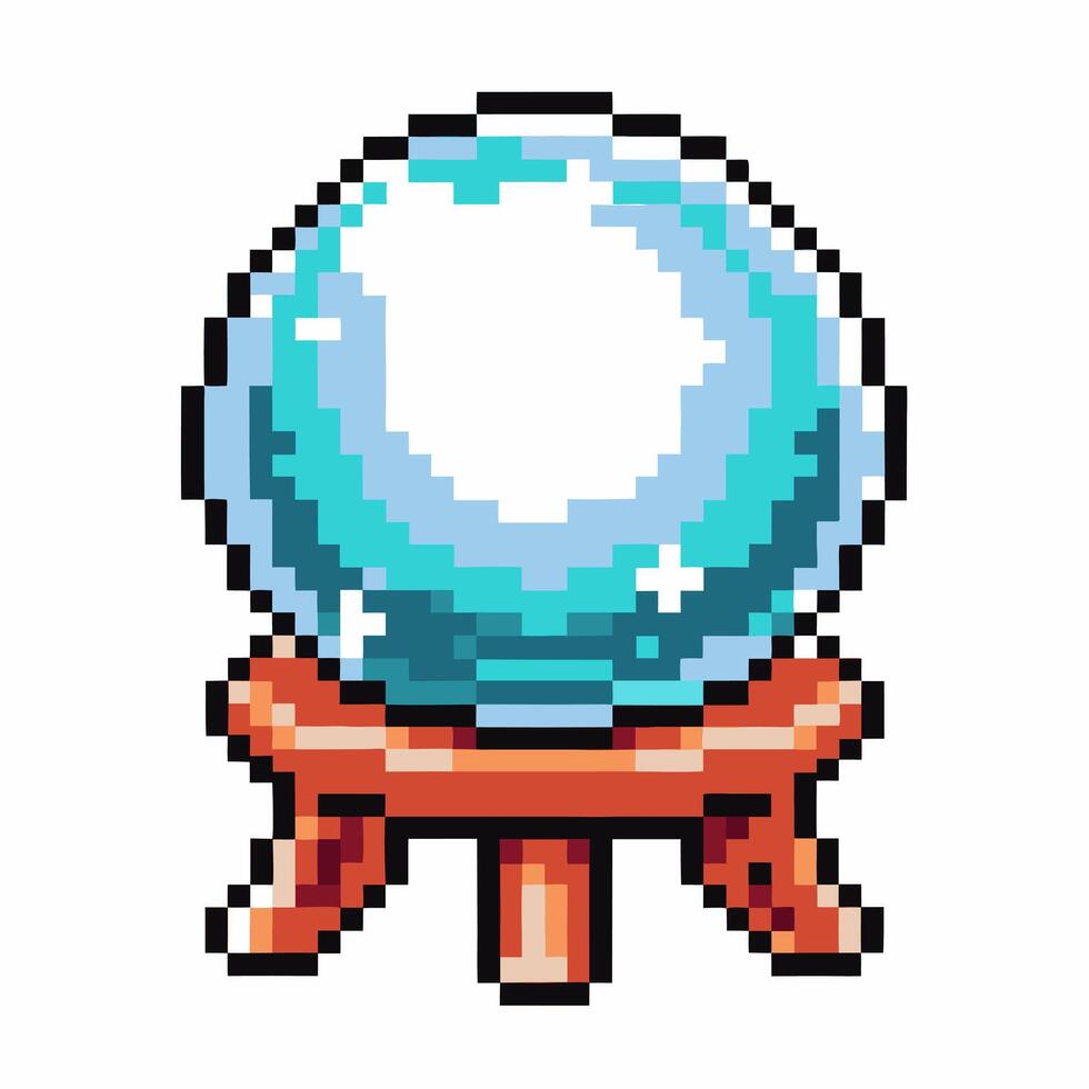 Pixel art crystal ball on wooden stand, retro digital design and mystical concept vector