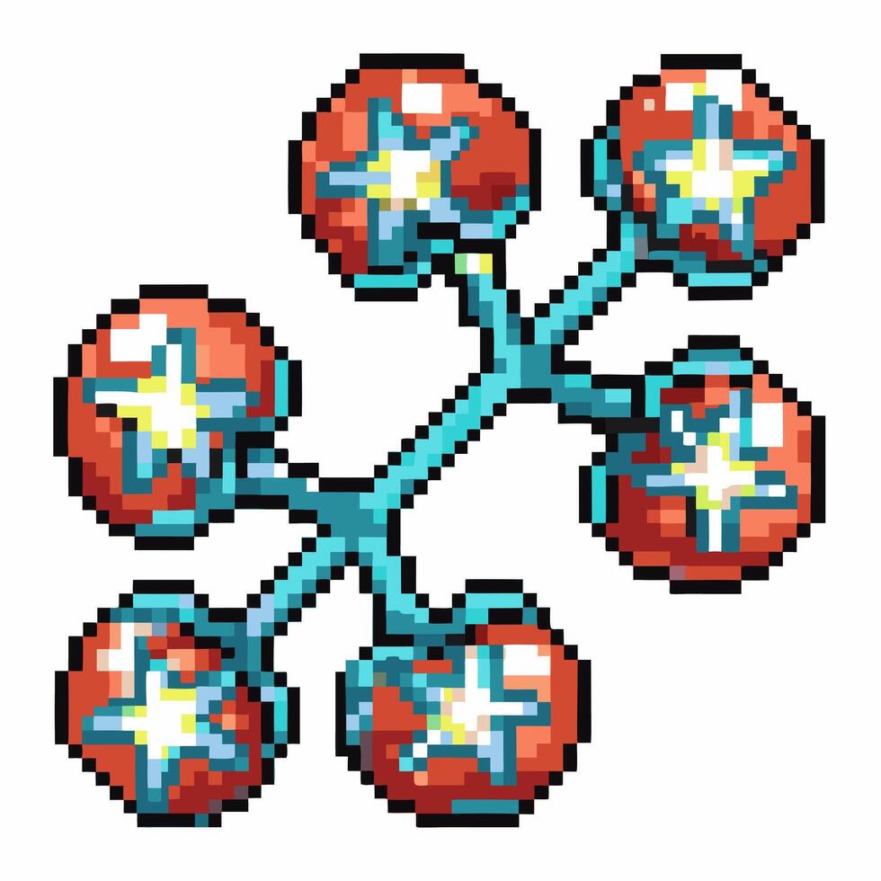 Pixel art sci fi neural network with glowing red nodes and blue connection lines vector
