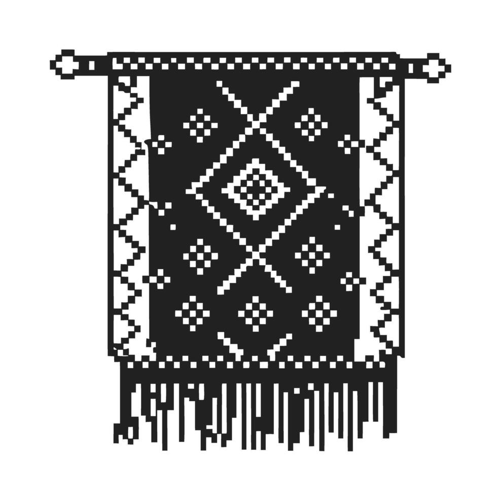 Pixel art tapestry monochrome geometric pattern with fringes in traditional vector