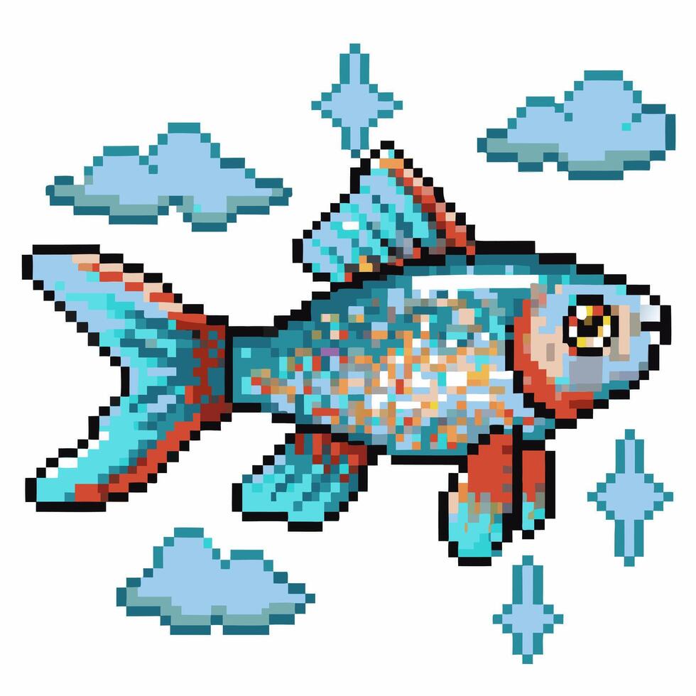Colorful pixel art fish in digital aquatic world, retro game vector