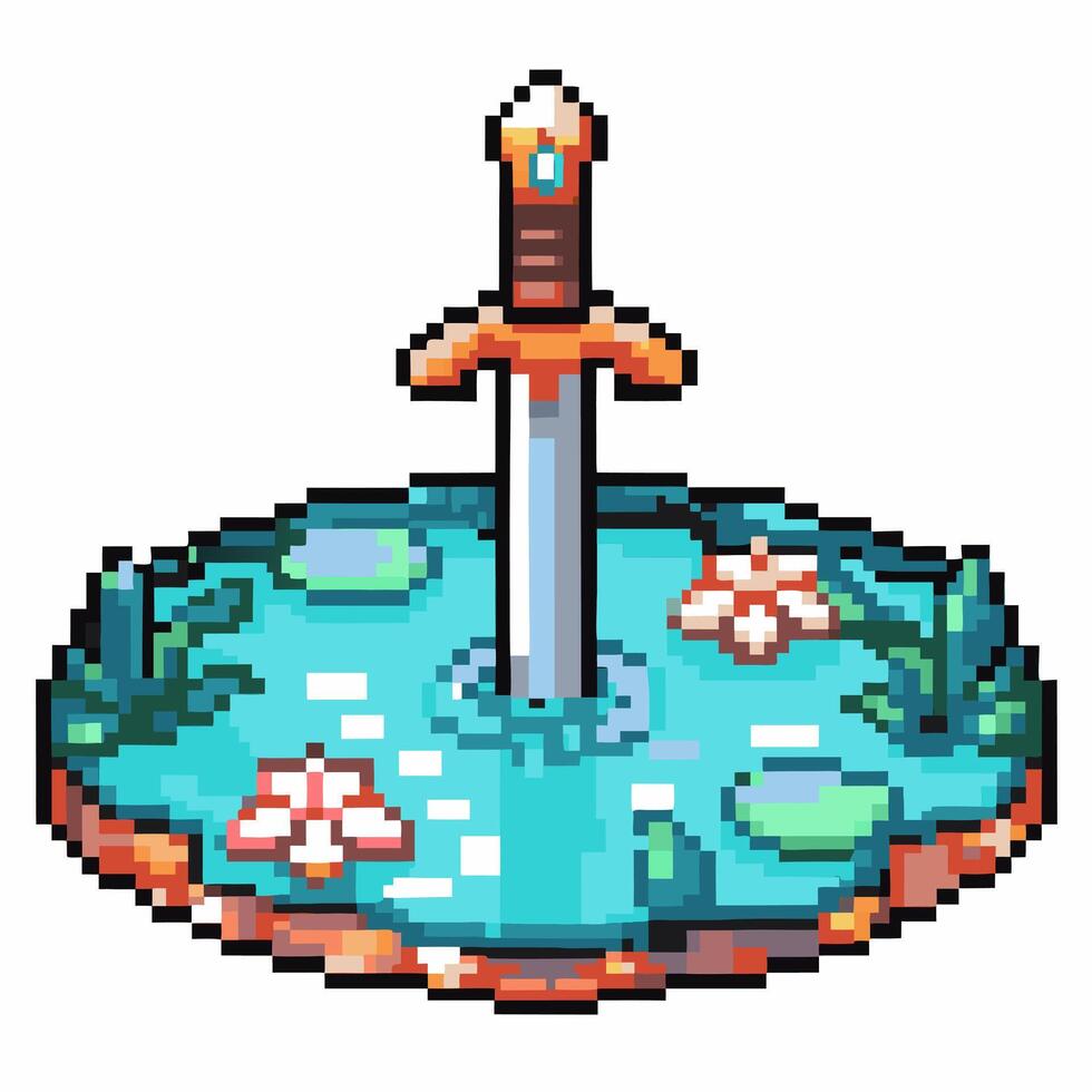 pixel art sword in magical stone pond retro fantasy scene with water lily pads and mystical nature vector
