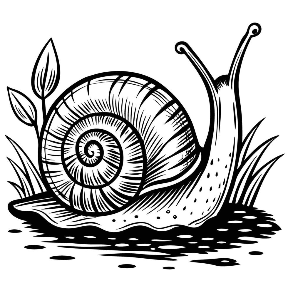 Intricate snail illustration detailed shell and tentacles, black and white line art vector
